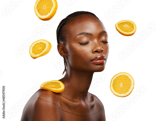 Beauty, face and black woman with orange fruit for citrus skincare, vitamin c detox and natural wellness. Healthy food, self care and nutritionist eyes closed isolated on transparent, png background