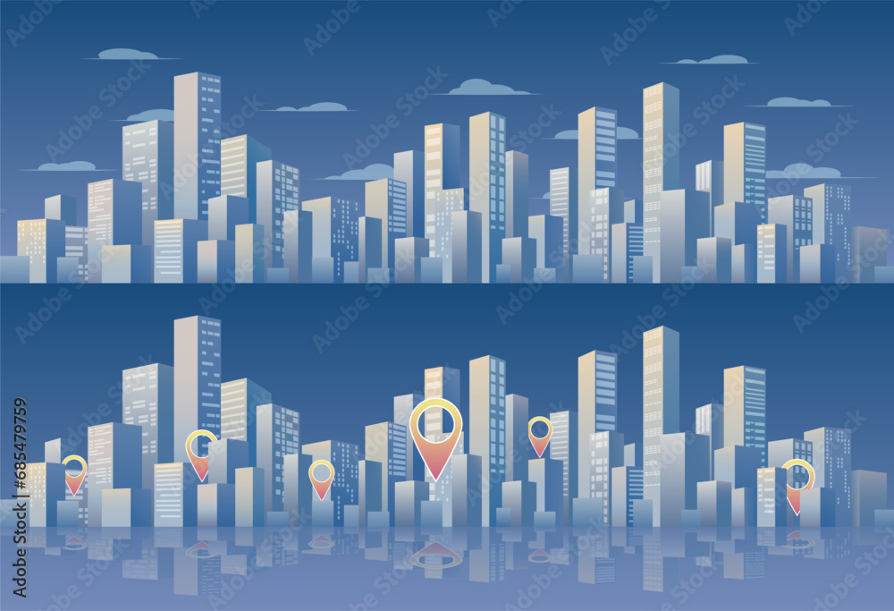 Urban silhouette landscape. Abstract horizontal banner, background cityscape. Panorama frat style. Gps tracking, locate position pin. City buildings of business district. Vector illustration geometric