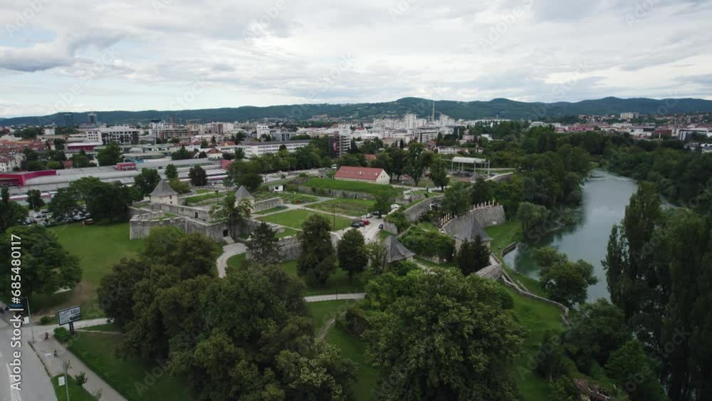 Remains of Kastel fortress in Banja Luka, Bosnia and Herzegovina, aerial dolly Remains of Kastel fortress in Banja Luka, Bosnia and Herzegovina, aerial dolly