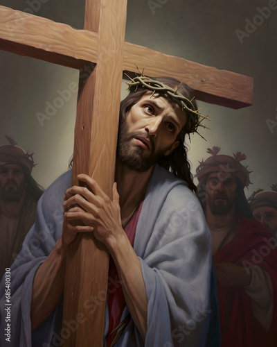 Jesus carrying cross of suffering, symbolizing death, sacrifice and resurrection photo