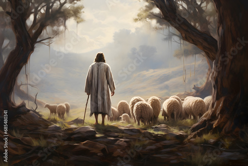 Jesus Christ, the good shepherd and sheep at the grove. AI generative