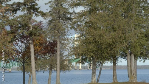 Mackinac Bridge in Mackinaw City, Michigan with pine trees in foreground and bridge in background with dolly shot left to right. photo