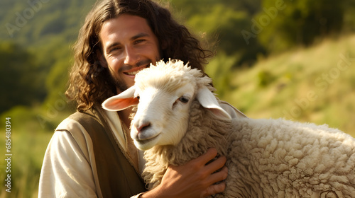 Jesus recovered the lost sheep carrying it in arms. Biblical story conceptual theme. photo