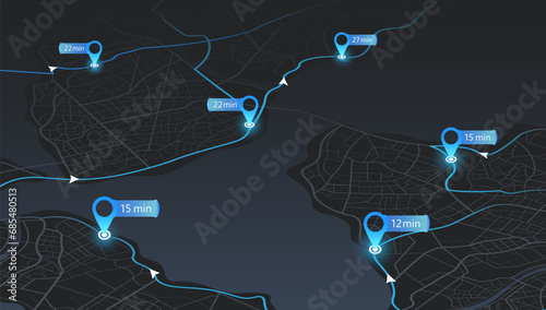 Isometric. The path from a point to the intended goal, many destinations, signs. main road throughout map. Navigation mapping technology for obtaining data on distance and turns of the path. Vector
