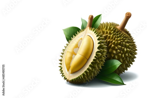 One and a half durian fruits on a white backgroundwith AI generated