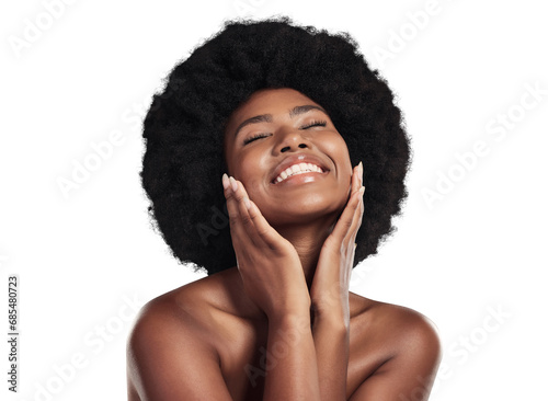 Hair, beauty and happy black woman with afro on isolated, png and transparent background. Skincare, aesthetic and face of African person smile with natural texture, growth and cosmetics for wellness