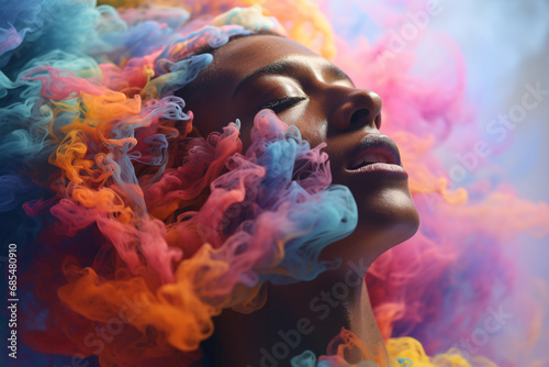 Abstract portrait of a person surrounded by colorful smoke
