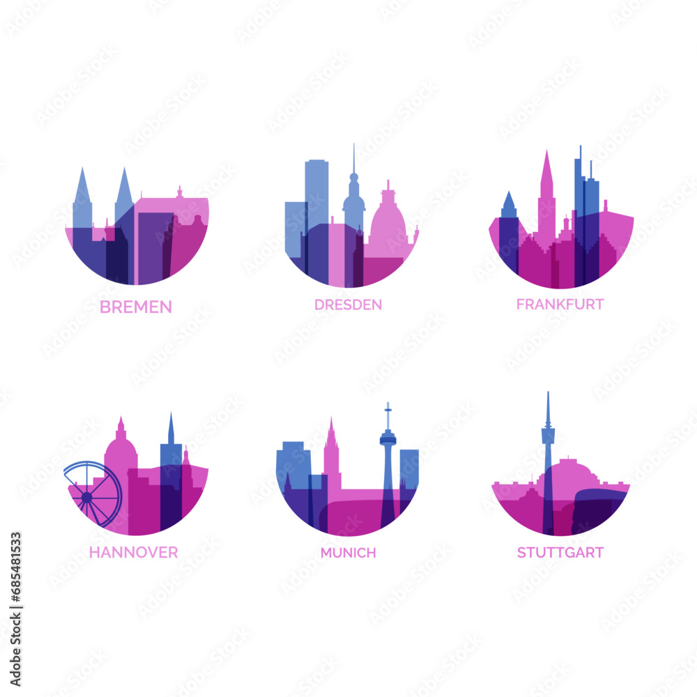 Naklejka premium Germany cities logo and icon set. Vector graphic collection for Bremen, Dresden, Frankfurt, Hannover, Munich, Stuttgart