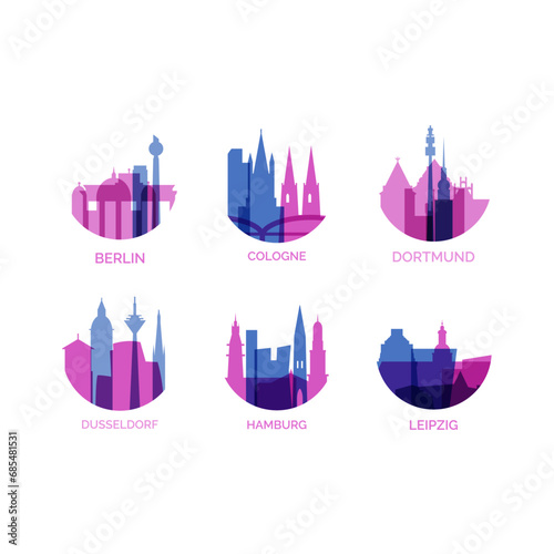 Germany cities logo and icon set. Vector graphic collection for Berlin, Cologne, Dortmund, Dusseldorf, Hamburg, Leipzig