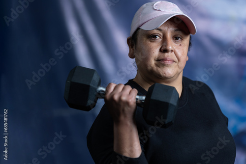 Middle-aged latina woman exercising with dumbbells