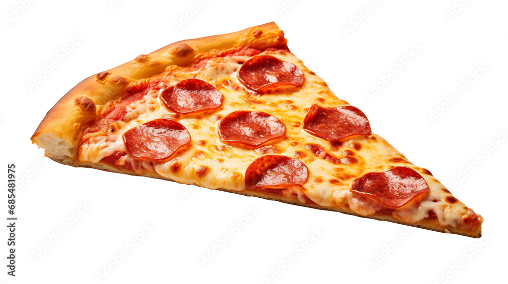 Generate a delicious-looking slice of pizza on a pristine white backdrop