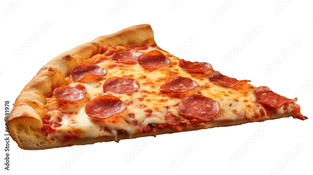 Generate a delicious-looking slice of pizza on a pristine white backdrop Generate a delicious-looking slice of pizza on a pristine white backdrop