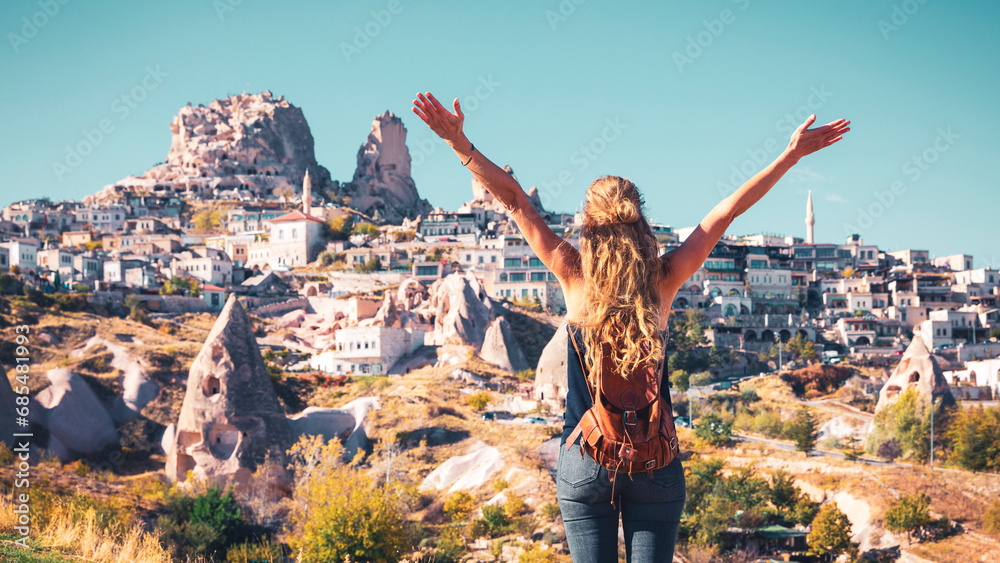 Happy tourist female in Cappadocia- Travel, tour tourism,vacation in Cappadocia Happy tourist female in Cappadocia- Travel, tour tourism,vacation in Cappadocia