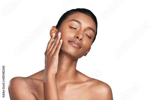 Happy woman, relax and beauty in skincare, facial or cosmetics isolated on a transparent PNG background. Face of calm Indian female person or model smile in satisfaction, soft skin or spa treatment