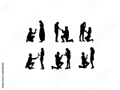 Boy proposing girl with rose. Set of romantic couple silhouette in various poses. Young man proposing to his girlfriend rose  diamond ring  gift box. Romantic couple lovers hug  kiss and proposed.