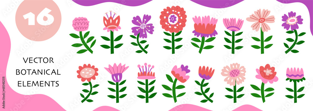Large set of floral elements. Template for making flower arrangements. Decor for wedding cards and congratulations on Mother's Day and March 8th. Vector illustration isolated on white background.