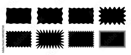 Wavy edge rectangle shape collection. Black Jagged rectangular form set. Zig zag graphic design element pack for banner, poster, template, sticker, badge, label, tag, flyer. Vector illustration bundle