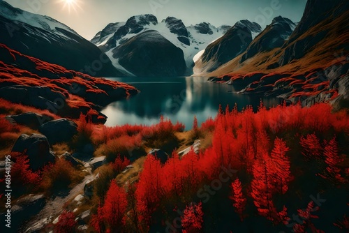 red traditional norwegian nature with fjords generative a