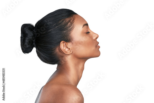Skincare, profile and calm Indian woman with beauty results on isolated, transparent or png background. Cosmetics, wellness and female model relax with luxury dermatology, shine or glowing skin care
