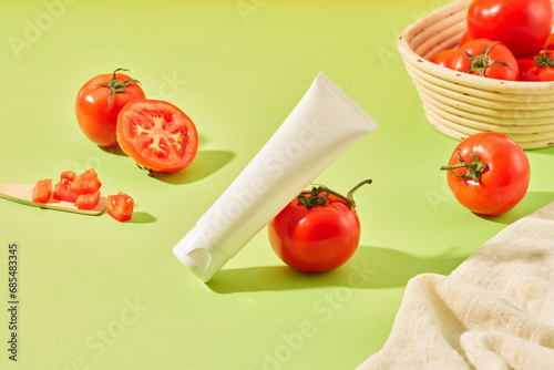 A white cosmetic tube is displayed with juicy red tomatoes on a pastel green background. Blank labels for typography and branding. Cosmetic mockup. photo