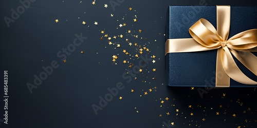 Black gift box with golden bow on black background,, Elegant Gift Box with Golden Accents on Black Generative Ai