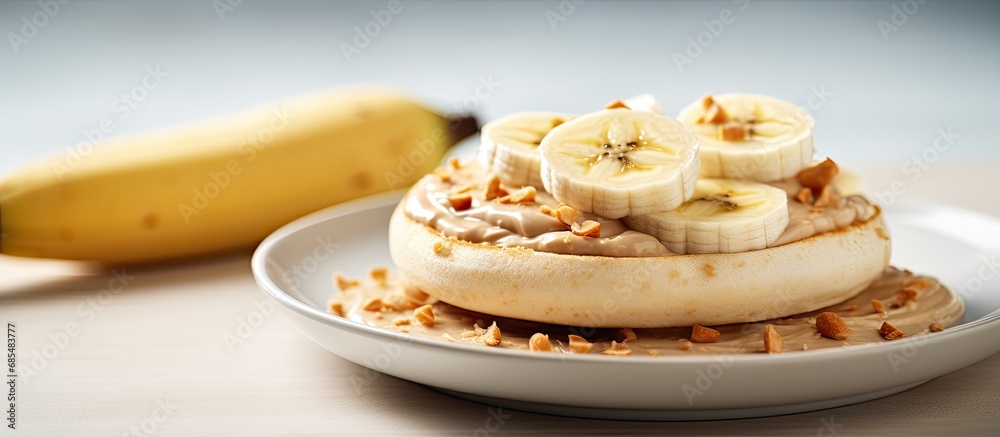 Wholesome protein snack: banana and peanut butter on rice cakes.