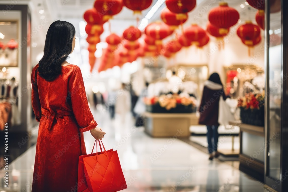  woman shopping in mall barongsai chinese new year  - obrazy, fototapety, plakaty 
