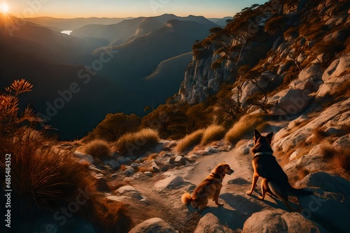 dog on the mountain at sunset travelling with a  hiking australian shephera in nature- photo