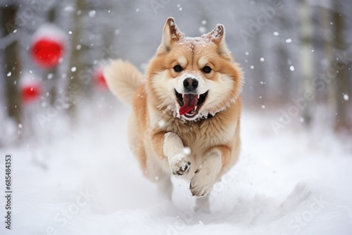 running dog santa hat, winter snowfall blurred  © mariyana_117