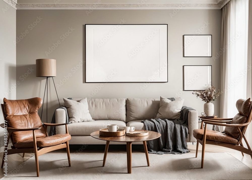 spacious and cozy living room with neutral-colored furniture and empty frames spacious and cozy living room with neutral-colored furniture and empty frames