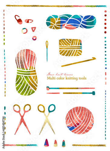 カラフルな毛糸と編みもの道具いろいろの背景・装飾素材