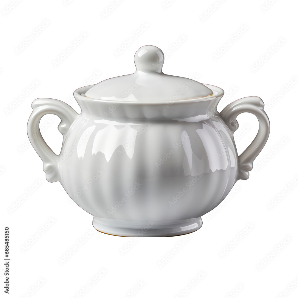 White Ceramic Sugar Bowl Isolated on Transparent or White Background, PNG