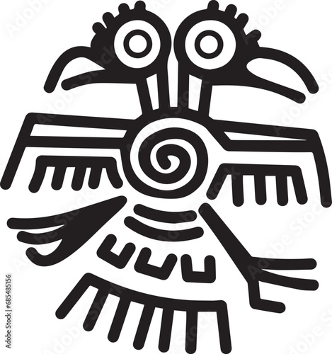 Ancient ethnic Aztec Mayan, black bird tattoo with two heads on white background