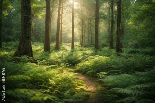 A tranquil forest glade with dappled sunlight