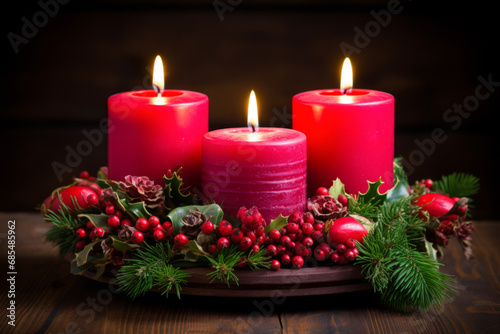 Three red candles in a Christmas wreath. The candles are lit  and their flames are flickering in the breeze  wooden table
