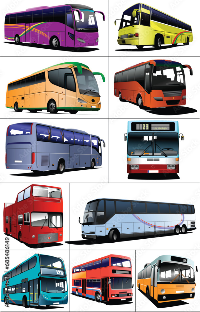 Eleven kinds of City buses. Tourist coach. Vector illustration for designers