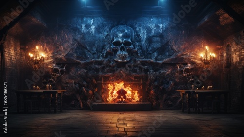 The flickering fire in hearth illuminated hauntingly beautiful room  casting dancing shadows upon ancient skulls scattered about  as sounds of nature echoed through night outside sturdy stone walls