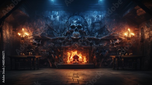 The flickering fire in hearth illuminated hauntingly beautiful room, casting dancing shadows upon ancient skulls scattered about, as sounds of nature echoed through night outside sturdy stone walls