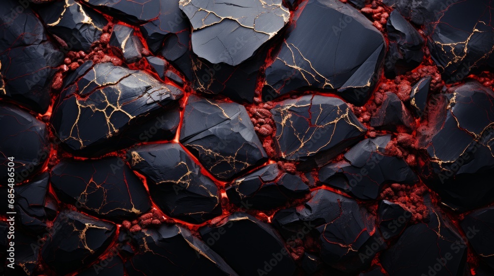 A chaotic fusion of darkness and passion embodied in a black rock adorned with fiery red veins