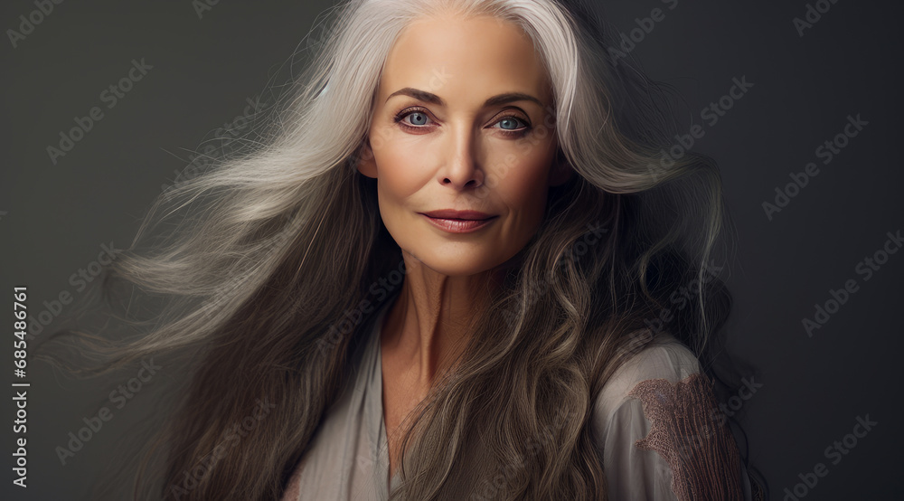 Naklejka premium Elegant, smiling, elderly, chic, woman with gray long hair and perfect skin, on a creamy beige background, banner.