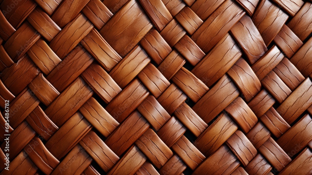 A rustic, earthy embrace of intricate tan patterns on woven wicker, resting upon the warm brown fabric of a wooden chair, nestled upon the smooth wood floor A rustic, earthy embrace of intricate tan patterns on woven wicker, resting upon the warm brown fabric of a wooden chair, nestled upon the smooth wood floor