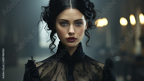 A woman with dark hair and red lips