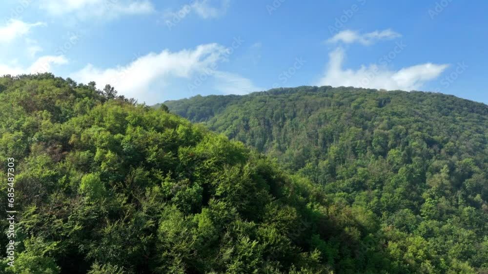 Flying over hill covered with green forest. blue sky and clouds in background. Flying over hill covered with green forest. blue sky and clouds in background.