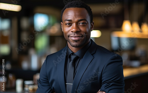 A dark-skinned 30-year-old businessman stands in the office. Successful mature boss working inside modern office building.