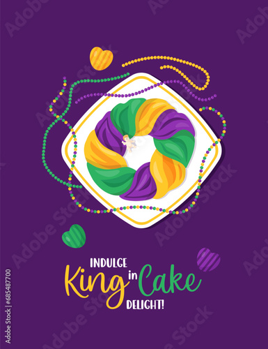 Traditional festive King Cake with baby Jesus toy, necklaces and beads on plate, top view. Mardi Gras carnival. Holiday Fat Tuesday. Vector vertical illustration in cartoon style.