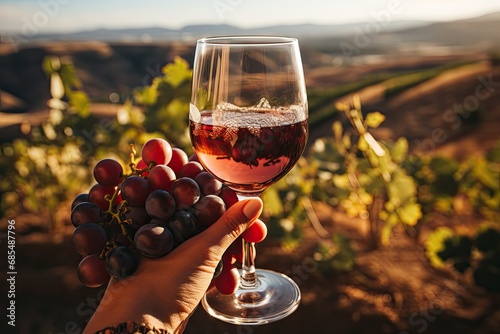 Human hand holding a glass of red wine with beautiful landscape of Italy in a background on a sunny day and view on green vineyards in wine region, France in summer. Tasting of burgundy red wine photo