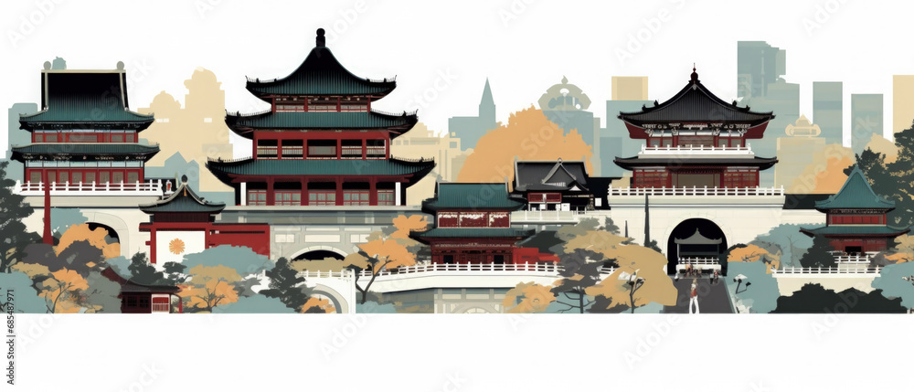 China Famous Landmarks Skyline Silhouette Style, Colorful, Cityscape, Travel and Tourist Attraction