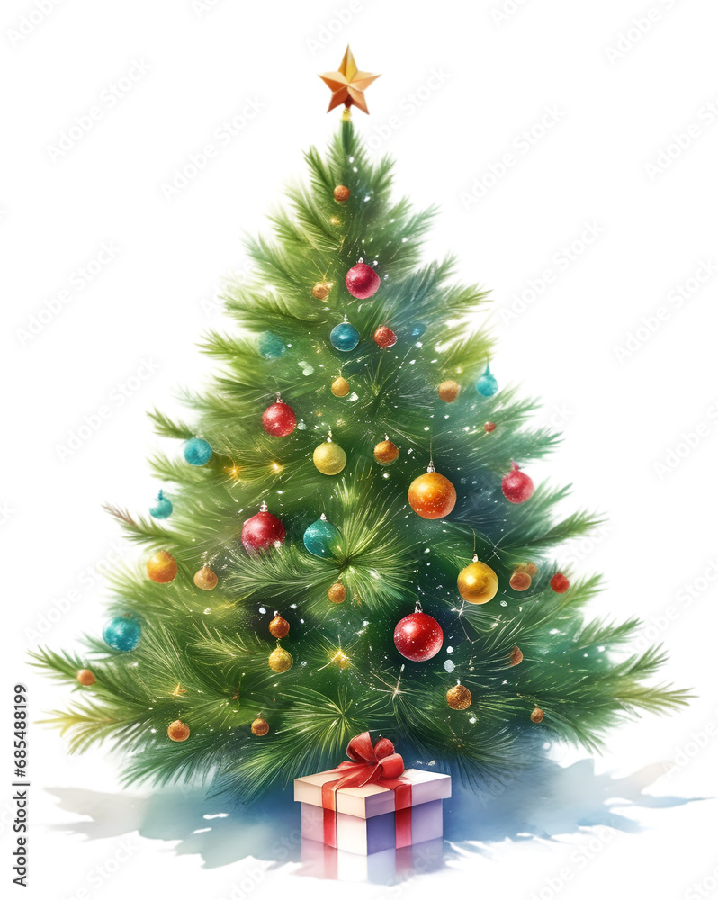 Fototapeta premium Watercolor Christmas tree, white background, transparent background