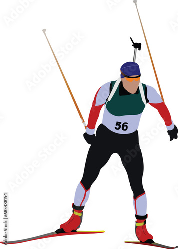 Cover for winter sport brochure with biathlon runner image. Vector illustration