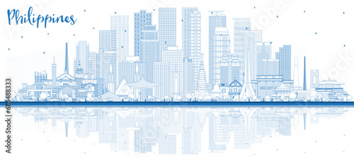 Outline Philippines City skyline with blue buildings and reflections. Travel concept with historic architecture. philippines cityscape with landmarks. Manila, Quezon, Davao. photo